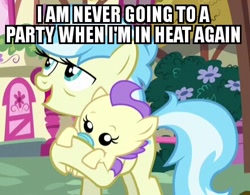 Size: 442x345 | Tagged: safe, edit, edited screencap, screencap, character:cream puff, character:cultivar, episode:the fault in our cutie marks, g4, my little pony: friendship is magic, caption, cropped, estrus, image macro, meme