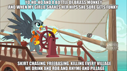 Size: 1920x1080 | Tagged: safe, edit, edited screencap, screencap, character:gabby, species:griffon, episode:the fault in our cutie marks, g4, my little pony: friendship is magic, beastie boys, caption, gabby's shanty, image macro, meme, sailing, ship, solo