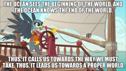 Size: 888x499 | Tagged: safe, edit, edited screencap, screencap, character:gabby, species:griffon, episode:the fault in our cutie marks, g4, my little pony: friendship is magic, caption, gabby's shanty, image macro, lifejacket, meme, ocean guide, one piece, one piece film z, sails