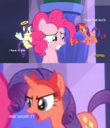 Size: 802x931 | Tagged: safe, edit, edited screencap, screencap, character:pinkie pie, character:rarity, species:pony, episode:the saddle row review, g4, my little pony: friendship is magic, angel rarity, caption, comic sans, crossover, devil rarity, implied anal insertion, implied insertion, implied rock, need to pee, pokémon, pokémon the bridged series, potty time, tenso, text