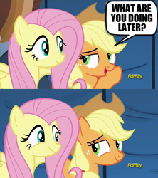 Size: 1276x1435 | Tagged: safe, edit, edited screencap, screencap, character:applejack, character:fluttershy, species:pony, ship:appleshy, episode:viva las pegasus, g4, my little pony: friendship is magic, discovery family logo, female, lesbian, mare, shipping, text