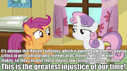 Size: 959x539 | Tagged: safe, edit, edited screencap, screencap, character:scootaloo, character:sweetie belle, species:pegasus, species:pony, episode:bloom and gloom, g4, my little pony: friendship is magic, caption, forced meme, impact font, meme, scootaloo is wrong about everything, text