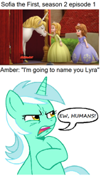 Size: 612x1078 | Tagged: safe, edit, edited screencap, screencap, character:lyra heartstrings, species:pony, species:unicorn, coincidence i think not, ew gay, homonyms, op is a duck, out of character, princess amber, princess sofia, sofia the first