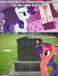 Size: 1280x1680 | Tagged: safe, edit, edited screencap, screencap, character:rarity, episode:the saddle row review, g4, my little pony: friendship is magic, caption, crossing the line twice, dancing, devil rarity, epitaph, evil homer, grave dancing, gravestone, image macro, imagine spot, implied murder, maracas, meme, musical instrument, rest in peace, simpsons did it, the simpsons, we are going to hell, whacking day