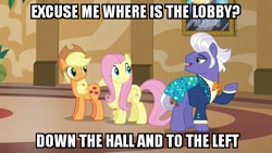 Size: 640x360 | Tagged: safe, edit, edited screencap, screencap, character:applejack, character:fluttershy, character:gladmane, episode:viva las pegasus, g4, my little pony: friendship is magic, caption, donald trump, home alone, home alone 2: lost in new york, image macro, meme