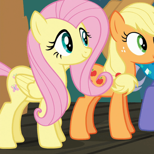 Size: 500x500 | Tagged: safe, edit, edited screencap, screencap, character:applejack, character:fluttershy, character:gladmane, species:pegasus, species:pony, episode:viva las pegasus, g4, my little pony: friendship is magic, animated, blinking, caption, clothing, cute, duo focus, female, gif, gritted teeth, happy, hat, hi, mare, open mouth, ponytail, raised hoof, raised leg, shy, shyabetes, smiling