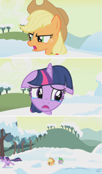Size: 1278x2176 | Tagged: safe, edit, edited screencap, screencap, character:applejack, character:spike, character:twilight sparkle, character:twilight sparkle (unicorn), species:dragon, species:earth pony, species:pony, species:unicorn, episode:winter wrap up, g4, my little pony: friendship is magic, applejerk, betrayal, comic, crying, female, floppy ears, male, mare, screencap comic, snow