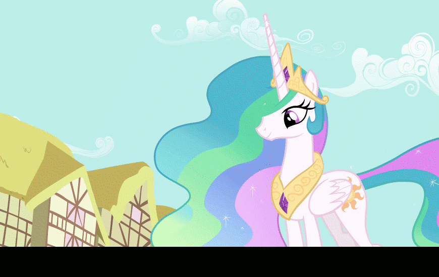 Size: 870x550 | Tagged: safe, edit, edited screencap, screencap, character:philomena, character:princess celestia, species:alicorn, species:bird, species:phoenix, species:pony, episode:a bird in the hoof, g4, my little pony: friendship is magic, season 1, animated, caption, ethereal mane, female, gif, mare, ponyville, subtitles, text