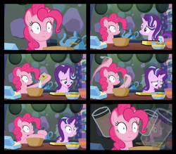 Size: 2250x1967 | Tagged: safe, edit, edited screencap, screencap, character:pinkie pie, character:starlight glimmer, episode:every little thing she does, g4, my little pony: friendship is magic, baking, chocolate, chocolate milk, exploitable meme, hypnosis, hypnotized, meme, milk, pure unfiltered evil, screencap comic, spilled milk