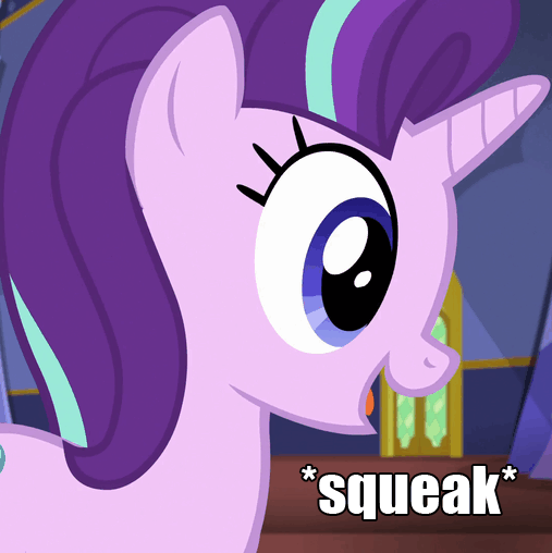 Size: 507x508 | Tagged: safe, edit, edited screencap, screencap, character:starlight glimmer, species:pony, species:unicorn, episode:every little thing she does, g4, my little pony: friendship is magic, animated, caption, cute, dilated pupils, female, gif, glimmerbetes, invisible stallion, mare, open mouth, smiling, solo, squeak, text, wide eyes