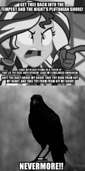 Size: 748x1500 | Tagged: safe, edit, edited screencap, screencap, character:sunset shimmer, species:bird, species:raven, black and white, crossover, edgar allan poe, exploitable meme, grayscale, image macro, meme, monochrome, nevermore, poem, sunset yells at twilight, the raven
