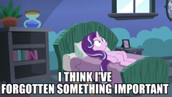 Size: 1920x1080 | Tagged: safe, edit, edited screencap, screencap, character:starlight glimmer, episode:every little thing she does, g4, my little pony: friendship is magic, bed, caption, female, hourglass, image macro, meme, plant, solo, starlight bedridden, starlight's room, thousand yard stare, window
