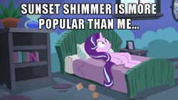 Size: 500x281 | Tagged: safe, edit, edited screencap, screencap, character:starlight glimmer, character:sunset shimmer, episode:every little thing she does, g4, my little pony: friendship is magic, caption, drama bait, exploitable meme, female, image macro, meme, op started shit, solo, starlight bedridden, starlight's room, sunset vs starlight debate, thousand yard stare, window