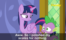 Size: 1240x766 | Tagged: safe, edit, edited screencap, screencap, character:spike, character:twilight sparkle, character:twilight sparkle (alicorn), species:alicorn, species:pony, episode:p.p.o.v. (pony point of view), g4, my little pony: friendship is magic, discovery family logo, duo, female, male, mare, preview, subtitles, twilight's castle