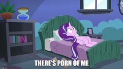 Size: 888x499 | Tagged: safe, edit, edited screencap, screencap, character:starlight glimmer, species:pony, species:unicorn, episode:every little thing she does, g4, my little pony: friendship is magic, bed, female, image macro, mare, meme, meta, on back, pillow, porn, realization, solo, starlight bedridden
