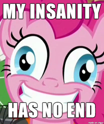 Size: 412x492 | Tagged: safe, edit, edited screencap, screencap, character:pinkie pie, episode:p.p.o.v. (pony point of view), g4, my little pony: friendship is magic, derp, faec, female, image macro, insanity, meme, pinkie derp, solo