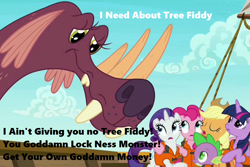Size: 1280x856 | Tagged: safe, edit, edited screencap, screencap, character:applejack, character:pinkie pie, character:rarity, character:spike, character:twilight sparkle, character:twilight sparkle (alicorn), species:alicorn, species:earth pony, species:pony, species:unicorn, episode:p.p.o.v. (pony point of view), g4, my little pony: friendship is magic, caption, female, image macro, lifejacket, male, mare, misspelling, south park, text, tree fiddy, tri-horned bunyip, vulgar