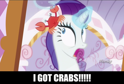 Size: 1280x870 | Tagged: safe, edit, edited screencap, screencap, character:rarity, species:crab, species:pony, species:unicorn, episode:p.p.o.v. (pony point of view), g4, my little pony: friendship is magic, bad pun, caption, crab fighting a giant rarity, discovery family logo, female, giant crab, image macro, impact font, mare, meme, pun, rarity fighting a giant crab, role reversal, skuttles the crab, solo, text