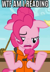 Size: 310x441 | Tagged: safe, edit, edited screencap, screencap, character:pinkie pie, episode:p.p.o.v. (pony point of view), g4, my little pony: friendship is magic, caption, female, floppy ears, image macro, lifejacket, meme, reaction image, solo, text, what the fuck am i reading