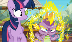 Size: 2284x1348 | Tagged: safe, edit, edited screencap, screencap, character:spike, character:twilight sparkle, character:twilight sparkle (alicorn), species:alicorn, species:pony, episode:p.p.o.v. (pony point of view), g4, my little pony: friendship is magic, dragon ball z, ms paint, scouter, super saiyan