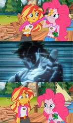 Size: 1366x2304 | Tagged: safe, edit, edited screencap, screencap, character:pinkie pie, character:sunset shimmer, equestria girls:legend of everfree, g4, my little pony: equestria girls, my little pony:equestria girls, dio brando, discovery kids, exploitable meme, jojo's bizarre adventure, meme, sunset sees things