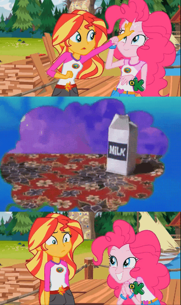 Size: 356x600 | Tagged: safe, edit, edited screencap, screencap, character:pinkie pie, character:sunset shimmer, equestria girls:legend of everfree, g4, my little pony: equestria girls, my little pony:equestria girls, animated, discovery kids, everything is ruined, exploitable meme, gif, meme, pure unfiltered evil, spilled milk, spongebob squarepants, sunset sees things, the inner machinations of my mind are an enigma