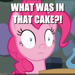 Size: 485x486 | Tagged: safe, edit, edited screencap, screencap, character:pinkie pie, episode:every little thing she does, g4, my little pony: friendship is magic, female, frown, high, image macro, implied drugs, meme, question, solo, wide eyes