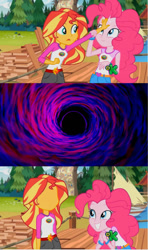 Size: 607x1024 | Tagged: safe, edit, edited screencap, screencap, character:pinkie pie, character:sunset shimmer, equestria girls:legend of everfree, g4, my little pony: equestria girls, my little pony:equestria girls, blank face, discovery kids, i have no mouth and i must scream, meme, no face, sunset sees things, void, vortex