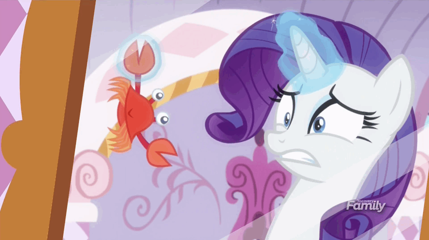 Size: 864x484 | Tagged: safe, edit, edited screencap, screencap, character:rarity, species:crab, episode:p.p.o.v. (pony point of view), g4, my little pony: friendship is magic, animated, comb, crab fighting a giant rarity, gif, rarity fighting a giant crab, reversed, role reversal, skuttles the crab