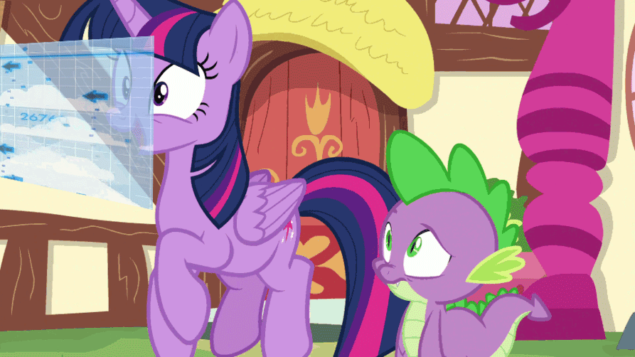Size: 893x502 | Tagged: safe, edit, edited screencap, screencap, character:spike, character:twilight sparkle, character:twilight sparkle (alicorn), species:alicorn, species:dragon, species:pony, episode:p.p.o.v. (pony point of view), g4, my little pony: friendship is magic, animated, building, confused, cute, dance dance revolution, dancing, female, gif, looking up, loop, mare, outdoors, rhythm game, smiling