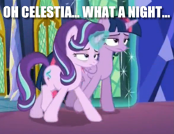 Size: 1173x901 | Tagged: safe, edit, edited screencap, screencap, character:starlight glimmer, character:twilight sparkle, character:twilight sparkle (alicorn), species:alicorn, species:pony, episode:every little thing she does, g4, my little pony: friendship is magic, drunk, drunk twilight, drunklight glimmer, hangover, image macro, meme, needs more jpeg