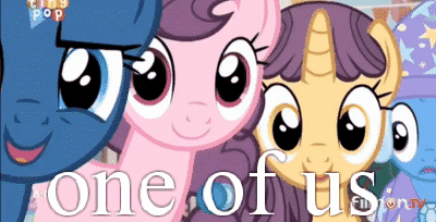 Size: 400x204 | Tagged: safe, edit, edited screencap, screencap, character:double diamond, character:night glider, character:party favor, character:sugar belle, character:trixie, species:pony, species:unicorn, episode:to where and back again, g4, my little pony: friendship is magic, animated, cute, double dawwmond, equal four, female, gif, happy, image macro, join the herd, mare, meme, one of us, smiling, welcome to the herd