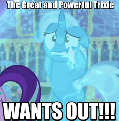 Size: 397x403 | Tagged: safe, edit, edited screencap, screencap, character:starlight glimmer, character:trixie, species:pony, species:unicorn, episode:to where and back again, g4, my little pony: friendship is magic, animated, bubble, caravan, cute, diatrixes, female, floppy ears, force field, freakout, gif, hoofy-kicks, image macro, magic, mare, marge vs the monorail, meme, panic, screaming, tantrum, the simpsons, trixie yells at everything, trixie's wagon