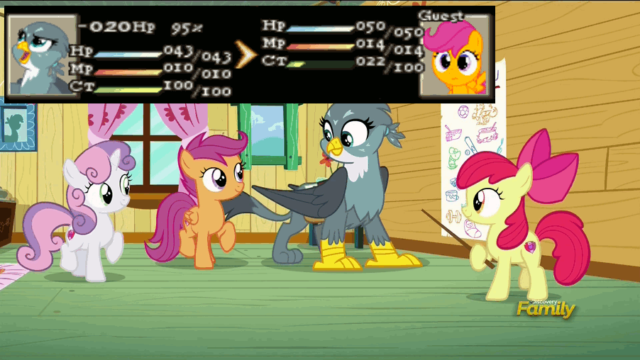 Size: 902x508 | Tagged: safe, edit, edited screencap, screencap, character:apple bloom, character:gabby, character:scootaloo, character:sweetie belle, species:earth pony, species:griffon, species:pegasus, species:pony, species:unicorn, episode:the fault in our cutie marks, g4, my little pony: friendship is magic, animated, attack, clubhouse, crusaders clubhouse, cutie mark, cutie mark crusaders, discovery family logo, female, filly, final fantasy, final fantasy tactics, gif, headbob, life bar, loop, the cmc's cutie marks, this will end in pain, trotting, trotting in place