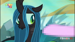 Size: 854x480 | Tagged: safe, edit, edited screencap, screencap, character:queen chrysalis, character:starlight glimmer, species:changeling, episode:to where and back again, g4, my little pony: friendship is magic, censored, changeling queen, female, former queen chrysalis, not a penis, tiny pop, unnecessary censorship