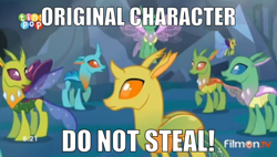 Size: 800x454 | Tagged: safe, edit, edited screencap, screencap, species:changeling, species:reformed changeling, episode:to where and back again, g4, my little pony: friendship is magic, clypeus, cornicle, do not steal, donut steel, floppy ears, flying, frown, image macro, looking back, meme, meta, open mouth, raised hoof, spread wings, tiny pop, wings
