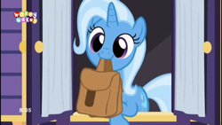 Size: 1920x1080 | Tagged: safe, edit, edited screencap, screencap, character:trixie, species:pony, species:unicorn, episode:to where and back again, g4, my little pony: friendship is magic, bag, curtains, cute, diatrixes, female, mare, mouth hold, saddle bag, solo, to saddlebags and back again, trixie's wagon, window