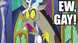 Size: 856x478 | Tagged: safe, edit, edited screencap, screencap, character:discord, episode:dungeons & discords, ew gay, image macro, impact font, male, meme, solo