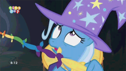 Size: 500x281 | Tagged: safe, edit, edited screencap, screencap, character:trixie, species:changeling, species:pony, species:unicorn, episode:to where and back again, g4, my little pony: friendship is magic, animated, dark souls, female, gif, glowing eyes, heroic sacrifice, mare, tiny pop, you died, you know for kids
