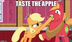 Size: 568x335 | Tagged: safe, edit, edited screencap, screencap, character:applejack, character:big mcintosh, species:earth pony, species:pony, episode:where the apple lies, g4, my little pony: friendship is magic, apple, discovery family logo, food, force feeding, hoof in mouth, hoofjack, image macro, male, meme, stallion, teenage applejack, teenage big macintosh