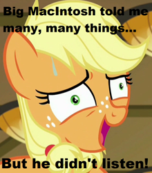 Size: 936x1062 | Tagged: safe, edit, edited screencap, screencap, character:applejack, episode:where the apple lies, g4, my little pony: friendship is magic, ah didn't listen, exploitable meme, faec, female, i didn't listen, image macro, meme, solo, teenage applejack, what actually happened