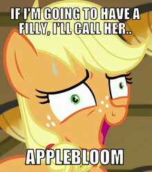 Size: 680x772 | Tagged: safe, edit, edited screencap, screencap, character:applejack, episode:where the apple lies, g4, my little pony: friendship is magic, ah didn't listen, and that's how apple bloom was made, exploitable meme, faec, female, i didn't listen, image macro, implications, meme, pregnant, preteen, preteen pregnancy, preteenage applejack, solo, the implications are horrible