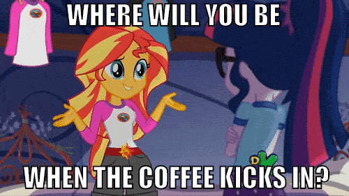 Size: 500x281 | Tagged: safe, edit, edited screencap, screencap, character:sunset shimmer, character:twilight sparkle, character:twilight sparkle (scitwi), species:eqg human, equestria girls:legend of everfree, g4, my little pony: equestria girls, my little pony:equestria girls, animated, caffeine, coffee, discovery kids, excited, extreme speed animation, gif, image macro, meme