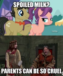 Size: 562x668 | Tagged: safe, edit, edited screencap, screencap, character:filthy rich, character:spoiled rich, species:human, ship:spoilthy, episode:where the apple lies, g4, my little pony: friendship is magic, bow tie, image macro, irl, irl human, meme, photo, spoiled milk