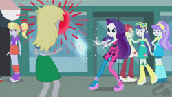 Size: 1280x720 | Tagged: safe, edit, edited screencap, screencap, character:aqua blossom, character:blueberry cake, character:cloudy kicks, character:derpy hooves, character:rarity, episode:life is a runway, g4, my little pony: equestria girls, my little pony:equestria girls, abuse, background human, blueberry cake, cloudy kicks, epic rage time, eye beams, optic blast, rose heart