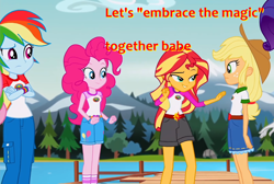 Size: 1144x768 | Tagged: safe, edit, edited screencap, screencap, character:applejack, character:fluttershy, character:pinkie pie, character:rainbow dash, character:sunset shimmer, ship:appleshimmer, equestria girls:legend of everfree, g4, my little pony: equestria girls, my little pony:equestria girls, embrace the magic, female, lesbian, lidded eyes, shipping, text