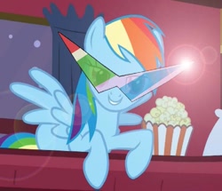 Size: 641x551 | Tagged: safe, edit, edited screencap, screencap, character:rainbow dash, episode:over a barrel, g4, my little pony: friendship is magic, bed, cropped, female, food, kamina sunglasses, lens flare, popcorn, solo, train