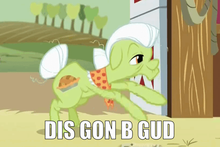 Size: 723x485 | Tagged: safe, edit, edited screencap, screencap, character:granny smith, episode:where the apple lies, g4, my little pony: friendship is magic, animated, caption, chair, dis gon b gud, female, gif, meme, reaction image, solo, stretchy, text