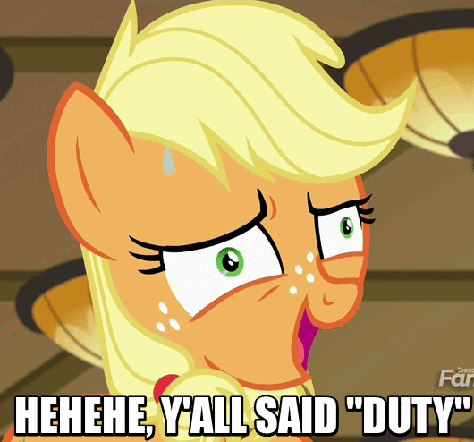 Size: 530x494 | Tagged: safe, edit, edited screencap, screencap, character:applejack, episode:where the apple lies, g4, my little pony: friendship is magic, ah didn't listen, animated, beavis and butthead, female, gif, image macro, innuendo, laughing, meme, solo, teenage applejack
