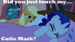 Size: 640x360 | Tagged: safe, edit, edited screencap, screencap, character:applejack, character:rarity, species:earth pony, species:pony, species:unicorn, ship:rarijack, episode:look before you sleep, g4, my little pony: friendship is magic, bed, butt touch, caption, female, image macro, lesbian, mare, meme, shipping